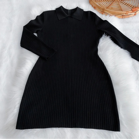 St. John Point Collar Ribbed Mini Dress Long Sleeve Black Wednesday Addams - Picture 4 of 11